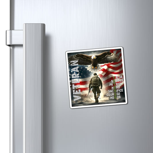 Fridge magnet with an American flag, eagle, and soldier on a metallic refrigerator.