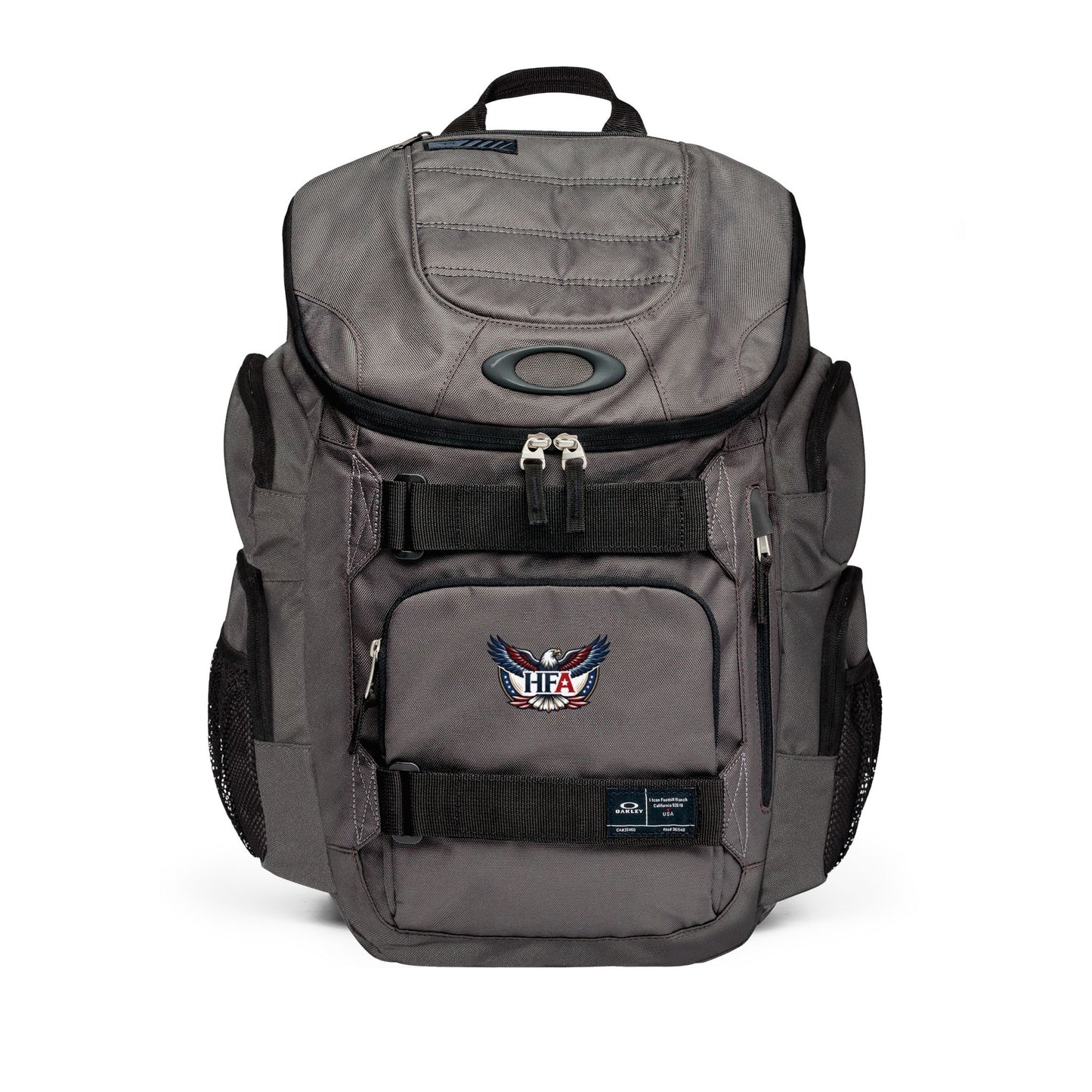 Gray backpack with multiple pockets and zippers on a white background