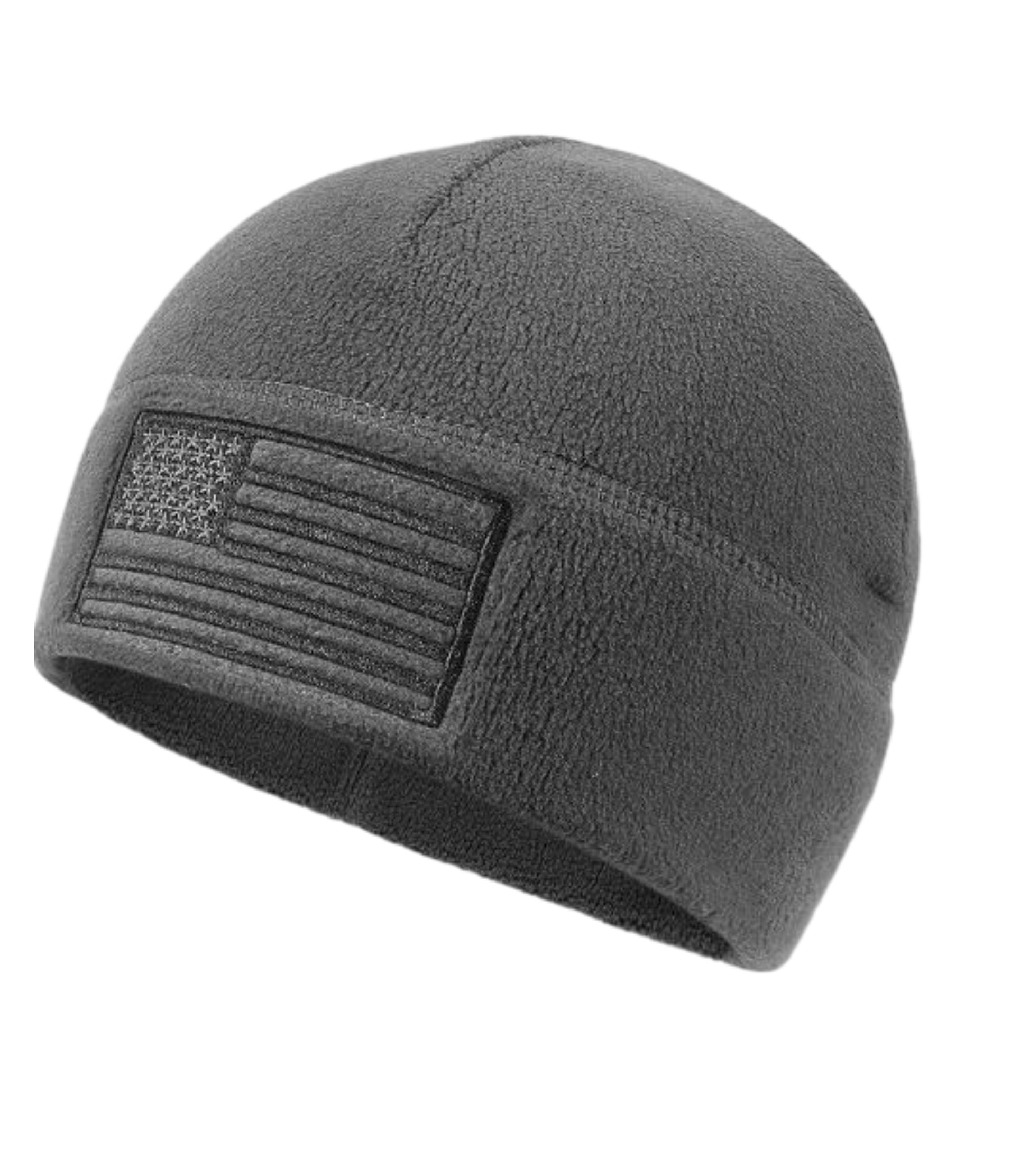 Gray beanie with American flag patch on a white background