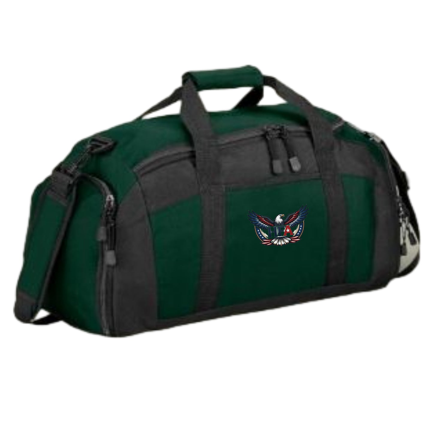 Green and black duffel bag with a HFA logo on a white background