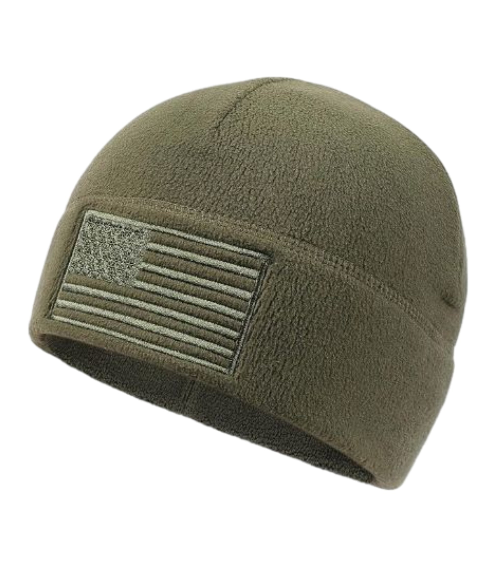 Green beanie with American flag patch on a white background