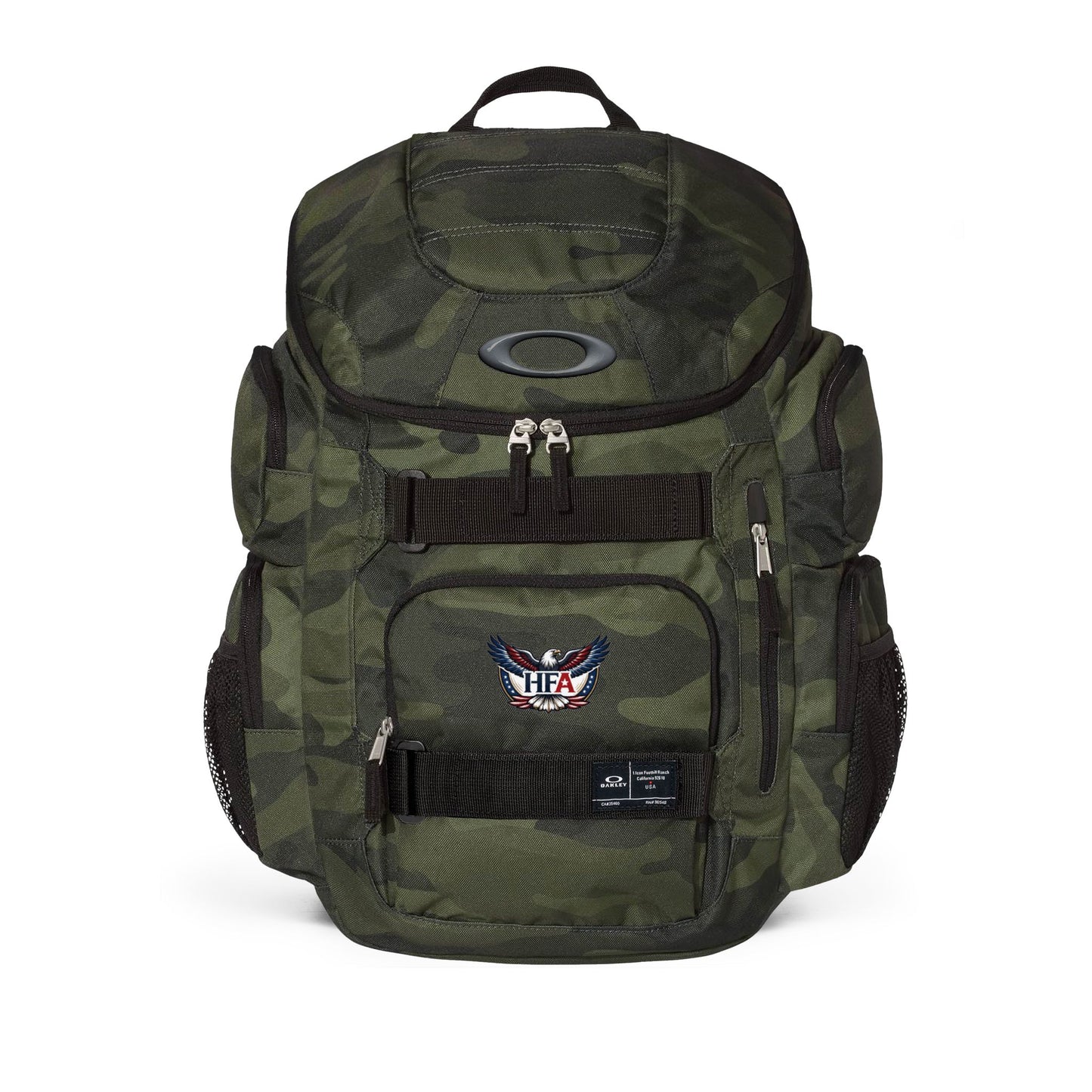 Green camouflage backpack with brand logo on a white background