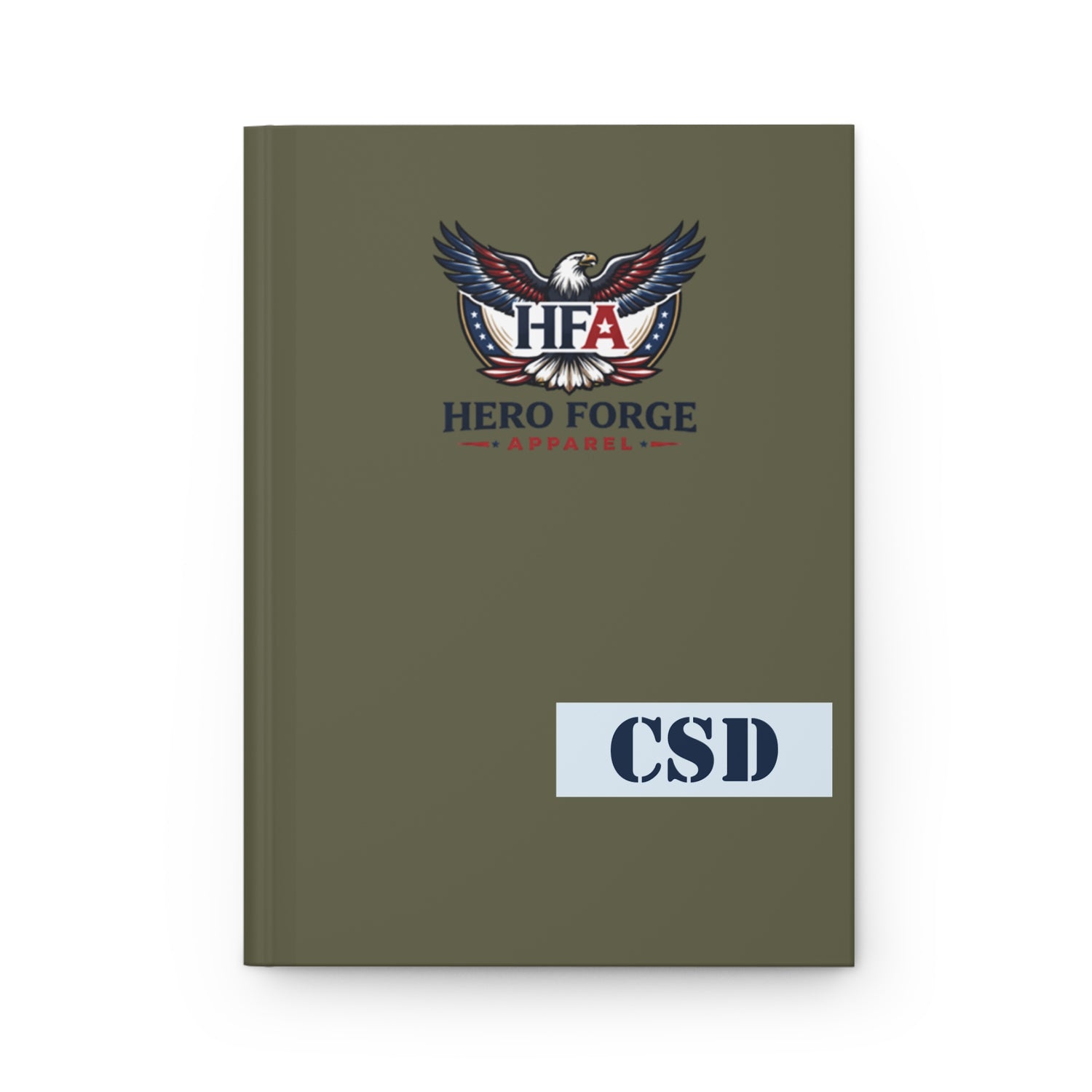 Green notebook with Hero Forge Apparel logo and 'CSD' label on a white background