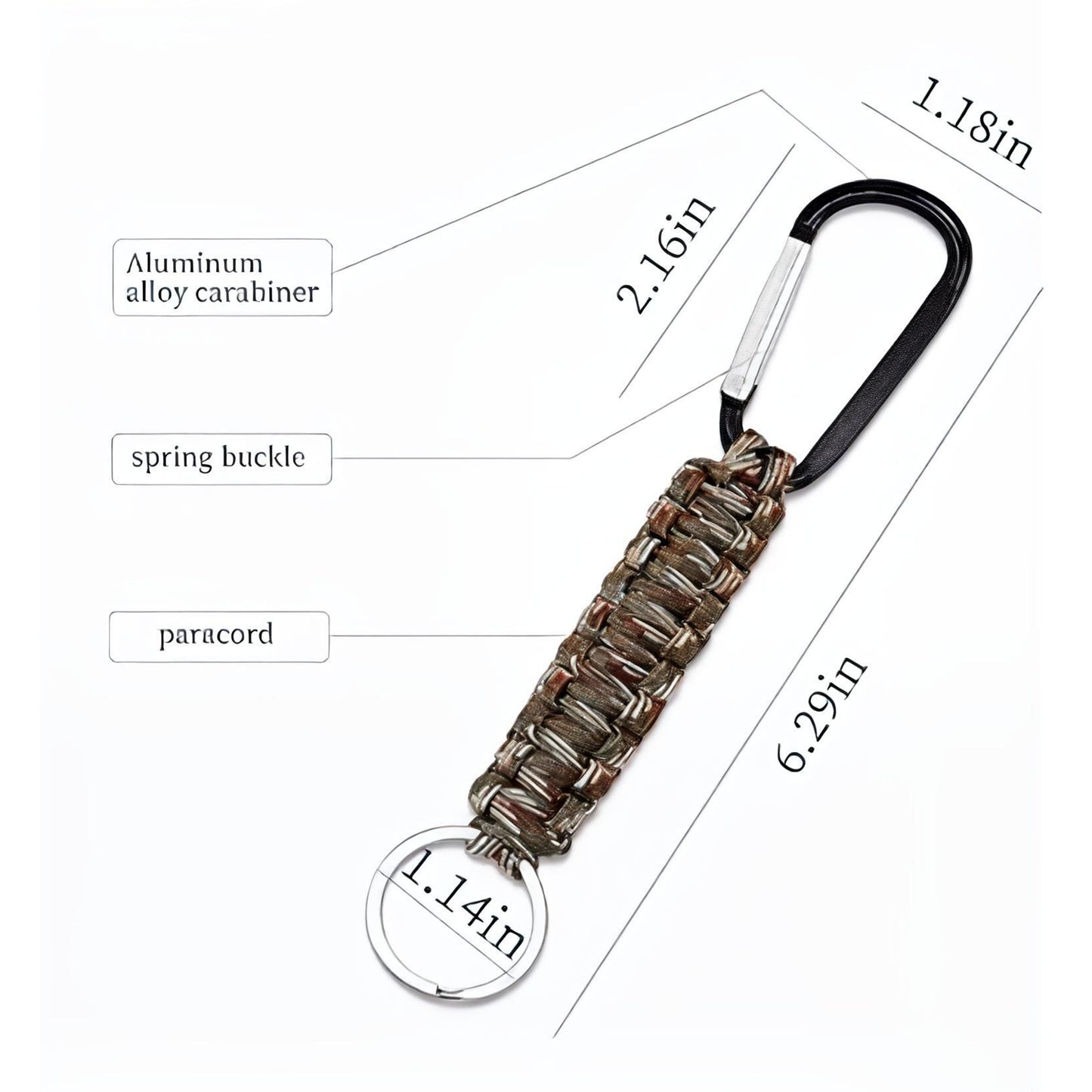 Keychain with paracord, carabiner, and measurements on a white background