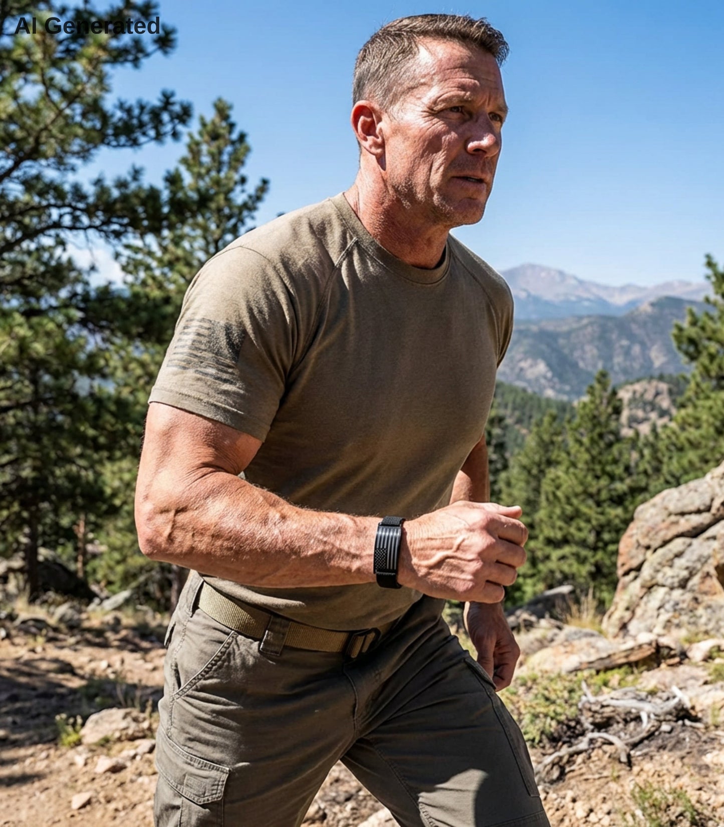 Man in outdoor setting wearing a black wristband with American flag on it with mountains and trees in the background