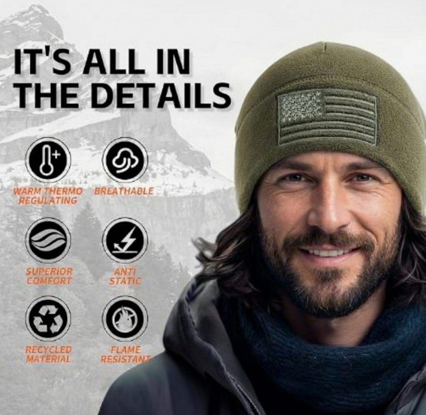Man wearing a green beanie with an American flag patch, surrounded by features of the beanie on a mountainous background.