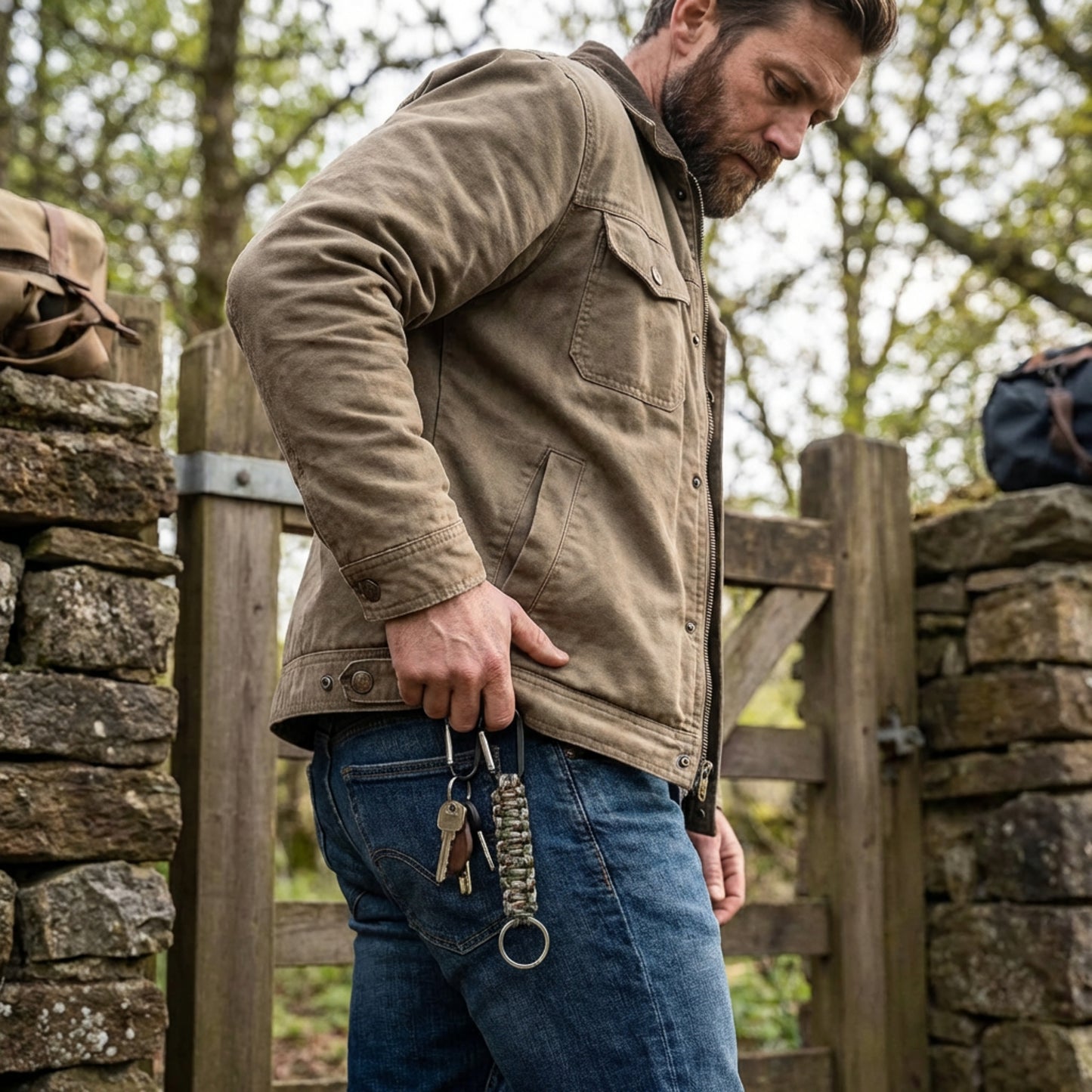 Man with a camouflage paracord wearing a brown jacket and blue jeans standing near a stone wall and wooden gate.