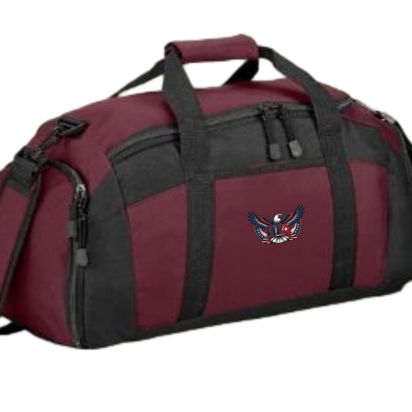 Maroon and black duffel bag with a HFA logo on a white background