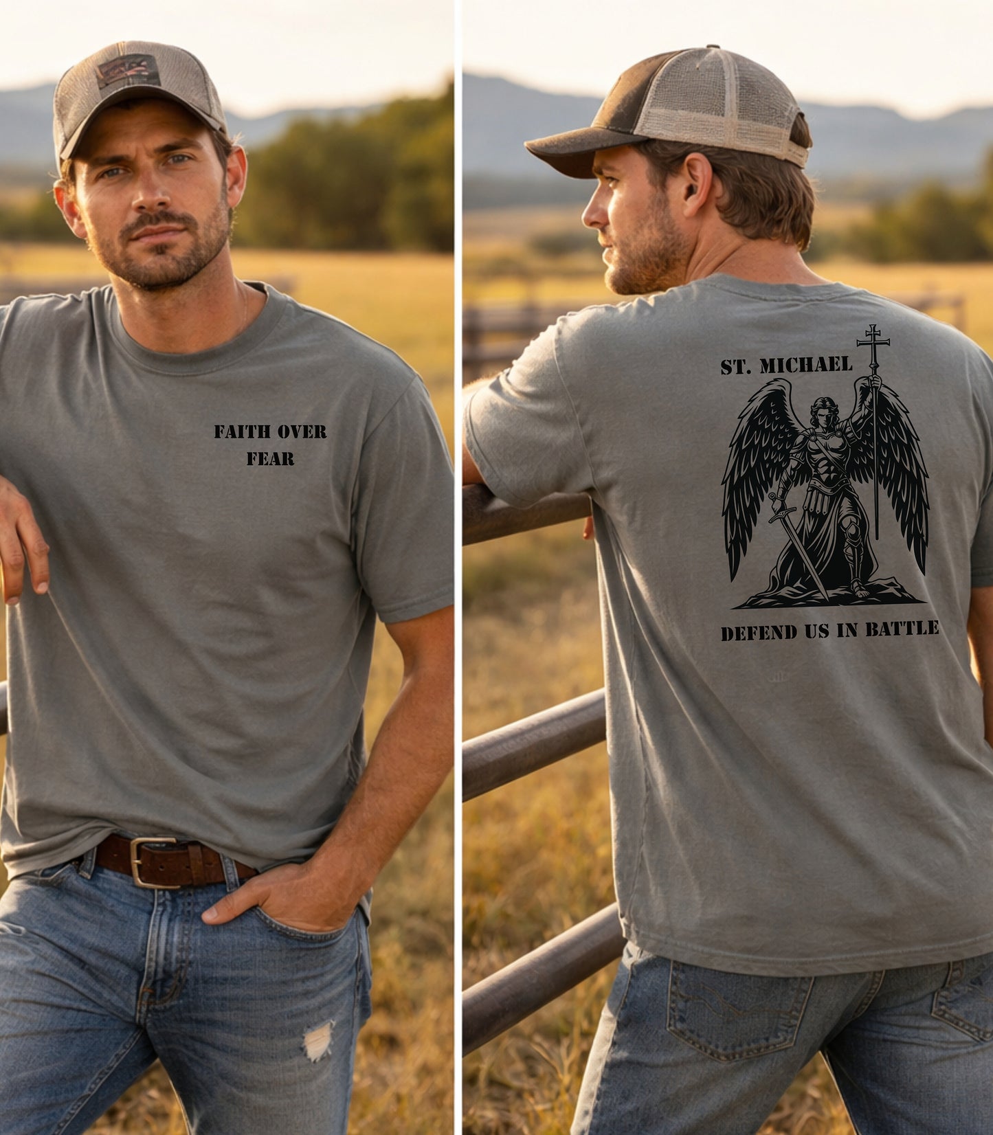 St. Michael T-Shirt, Faith Over Fear Front & Defend Us in Battle Back