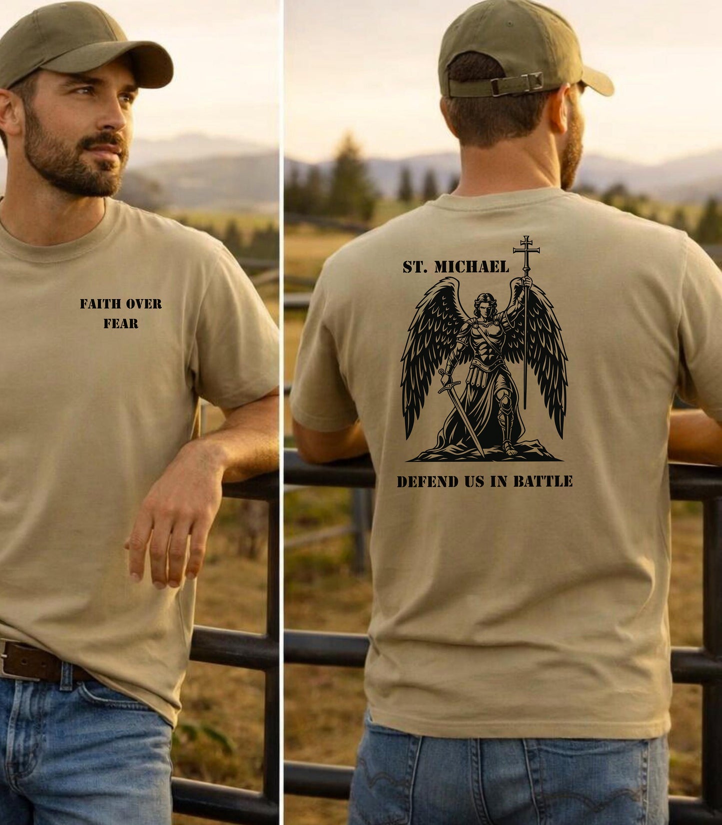 St. Michael T-Shirt, Faith Over Fear Front & Defend Us in Battle Back