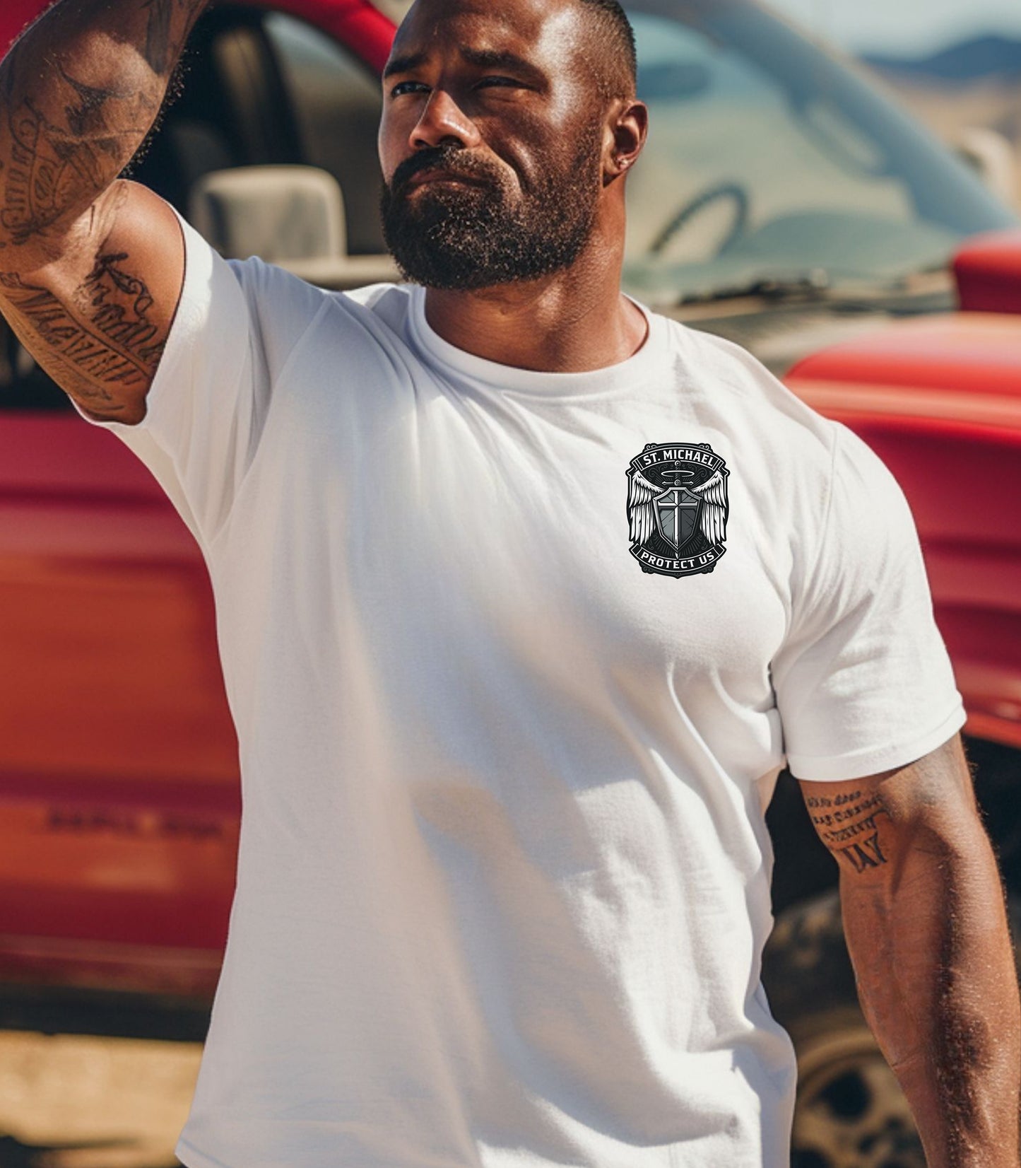 St. Michael Protect Us T-Shirt, Archangel Military Protection Pocket Tee