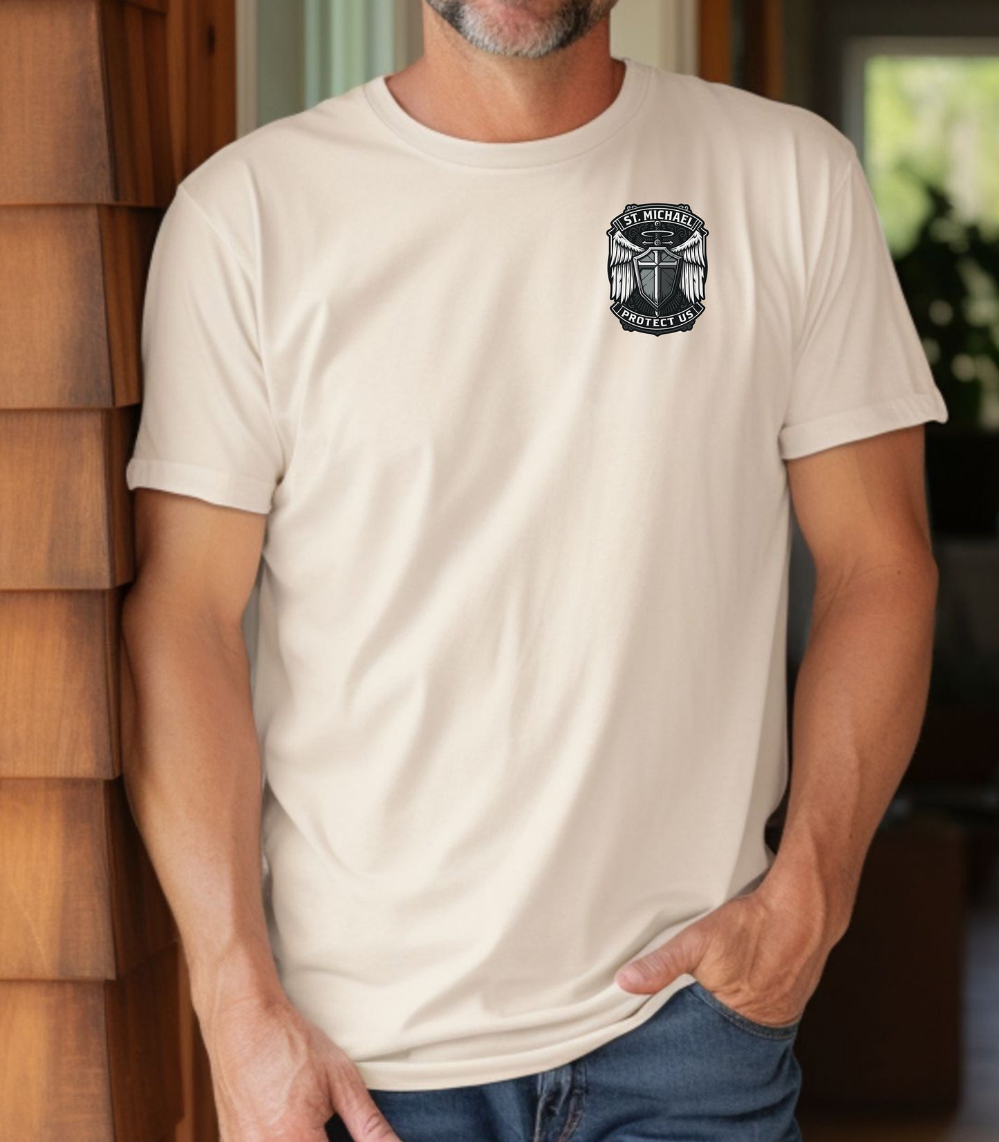St. Michael Protect Us T-Shirt, Archangel Military Protection Pocket Tee