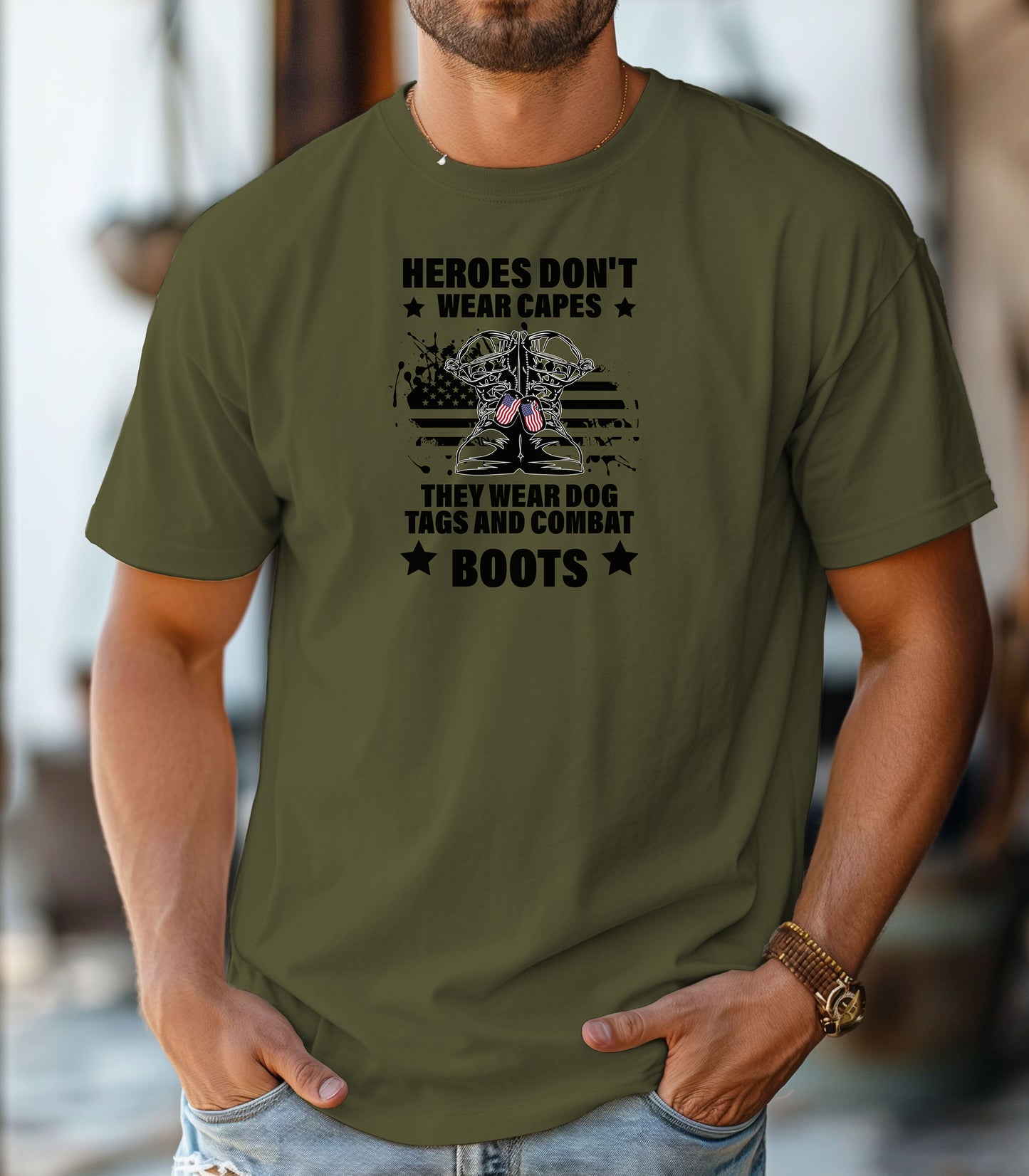 Heroes Don’t Wear Capes T-Shirt, Military Boots Patriotic Tee
