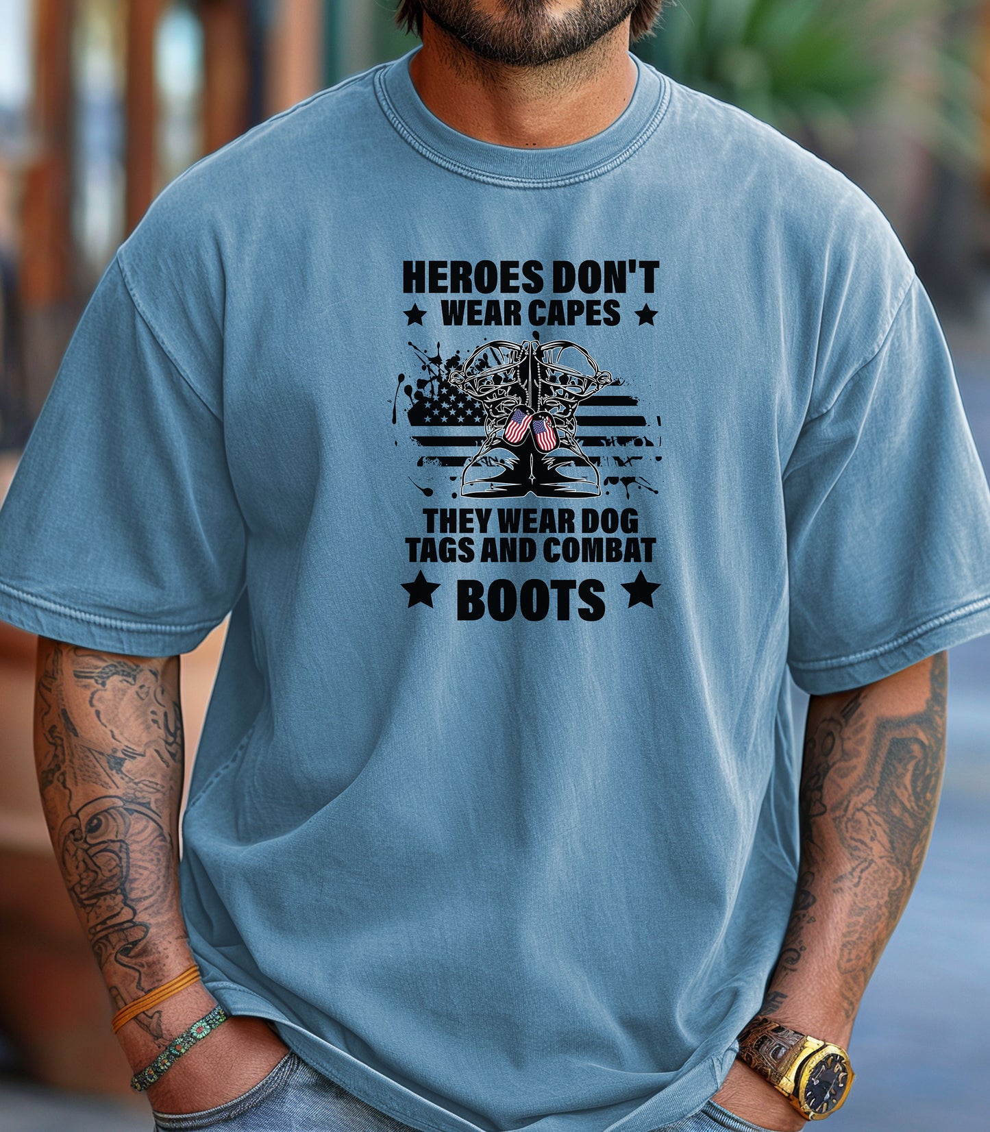 Heroes Don’t Wear Capes T-Shirt, Military Boots Patriotic Tee