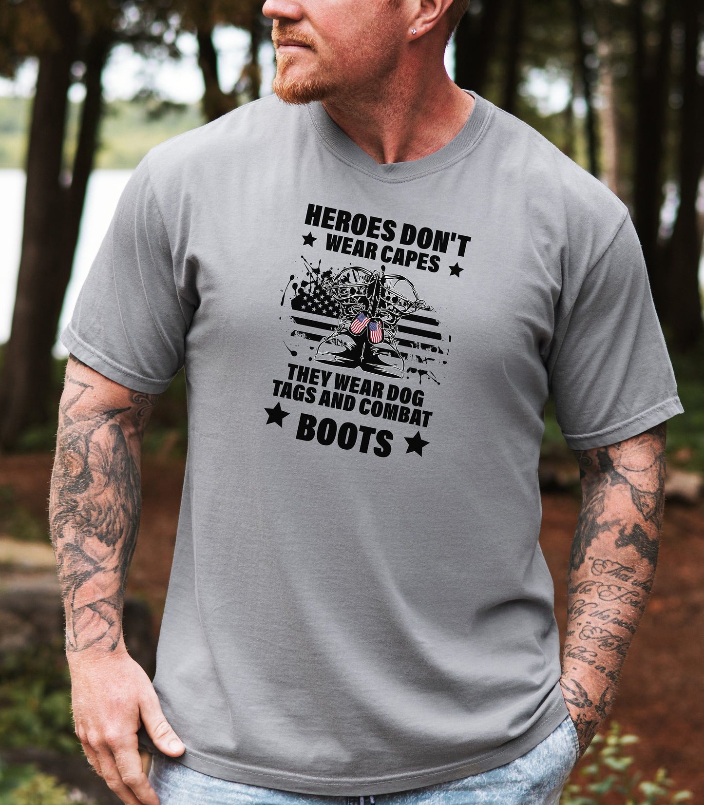 Heroes Don’t Wear Capes T-Shirt, Military Boots Patriotic Tee