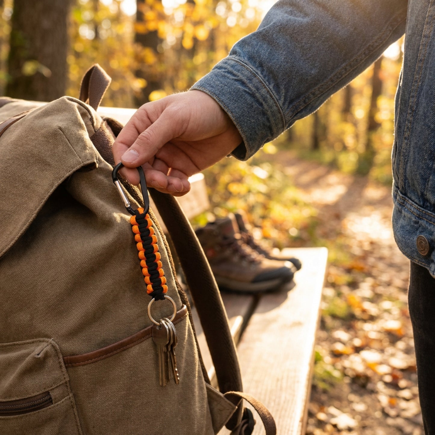 Person attaching a black and orange paracord keychain to a backpack in a forest setting