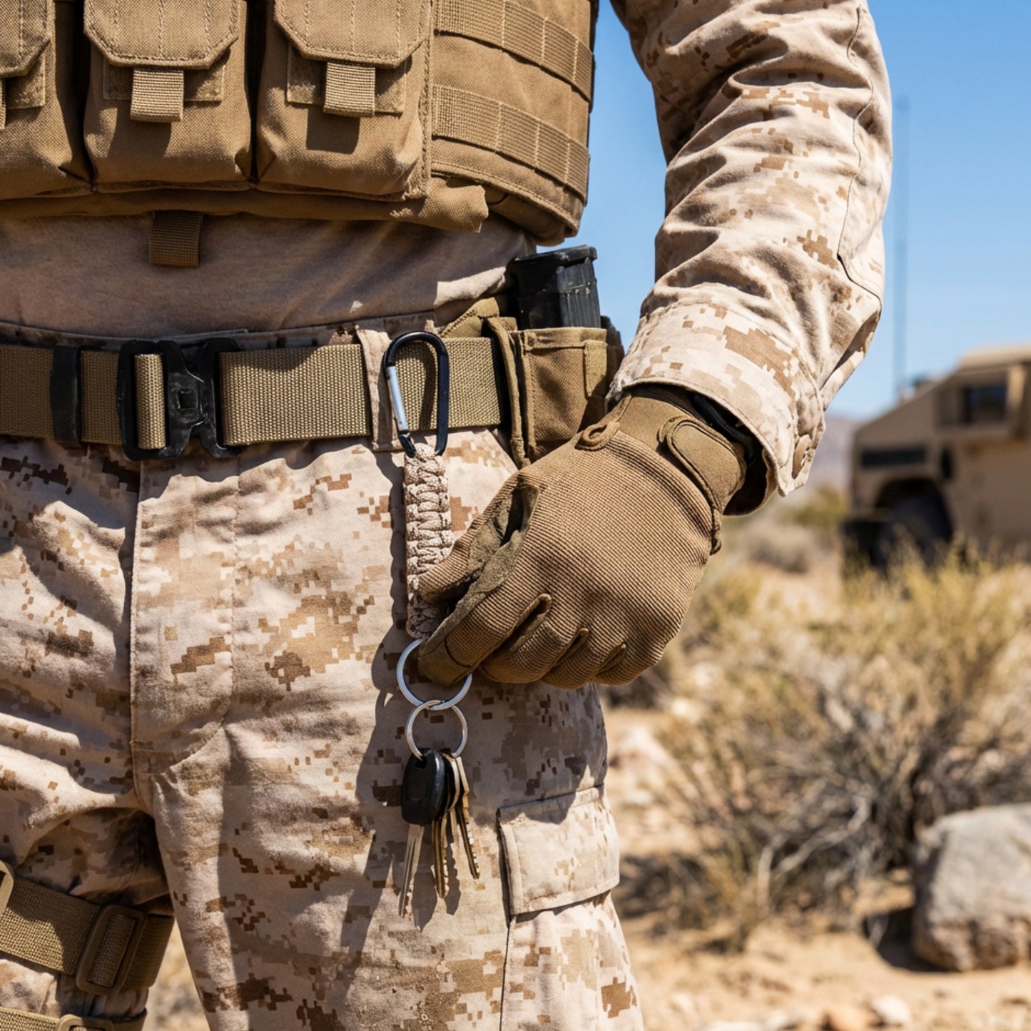 Person in military camouflage holding keys with a camouflage paracord desert landscape and vehicle in the background
