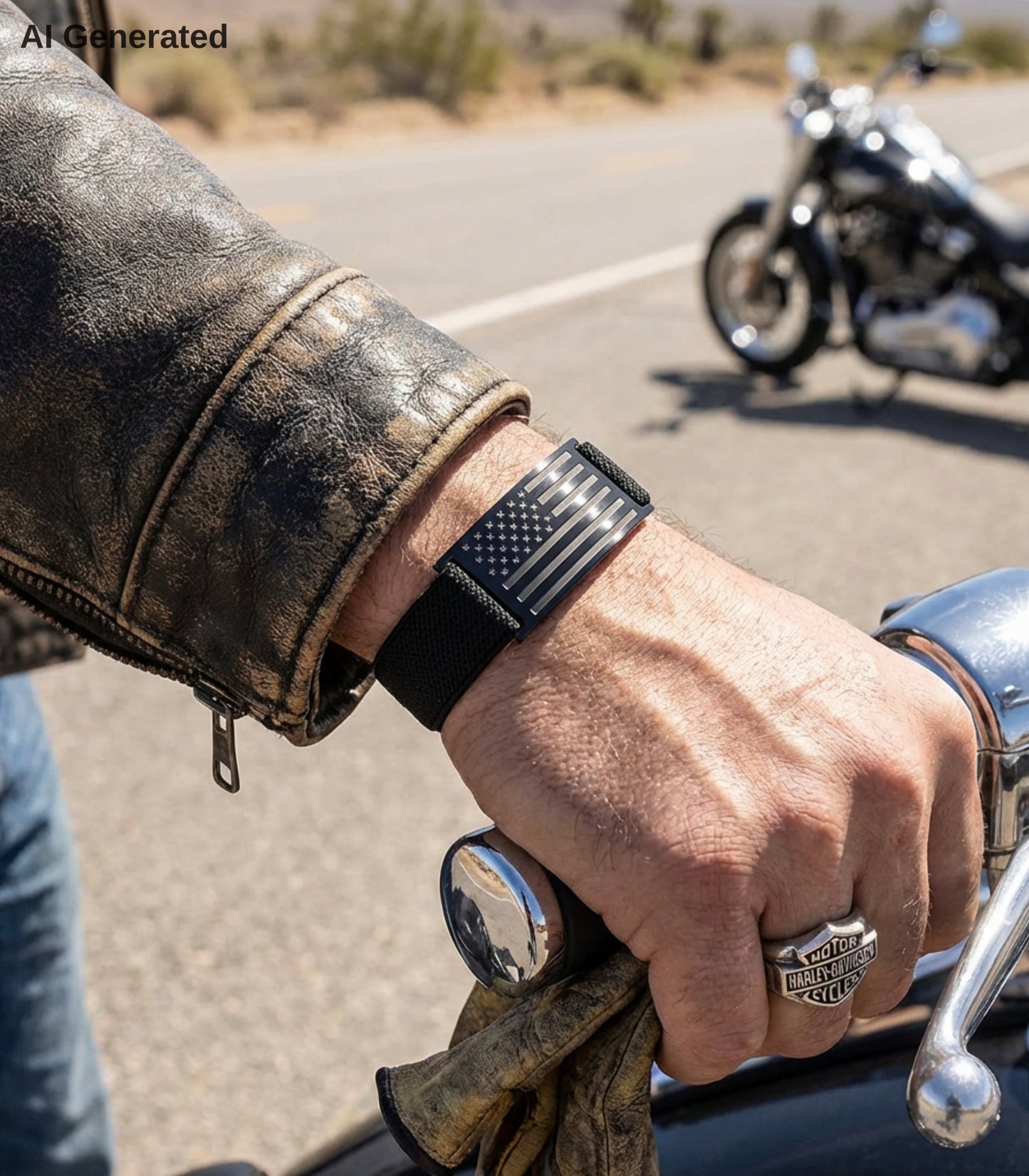 Person wearing a leather jacket and gloves, holding a motorcycle handlebar with a wristband featuring an American flag design.