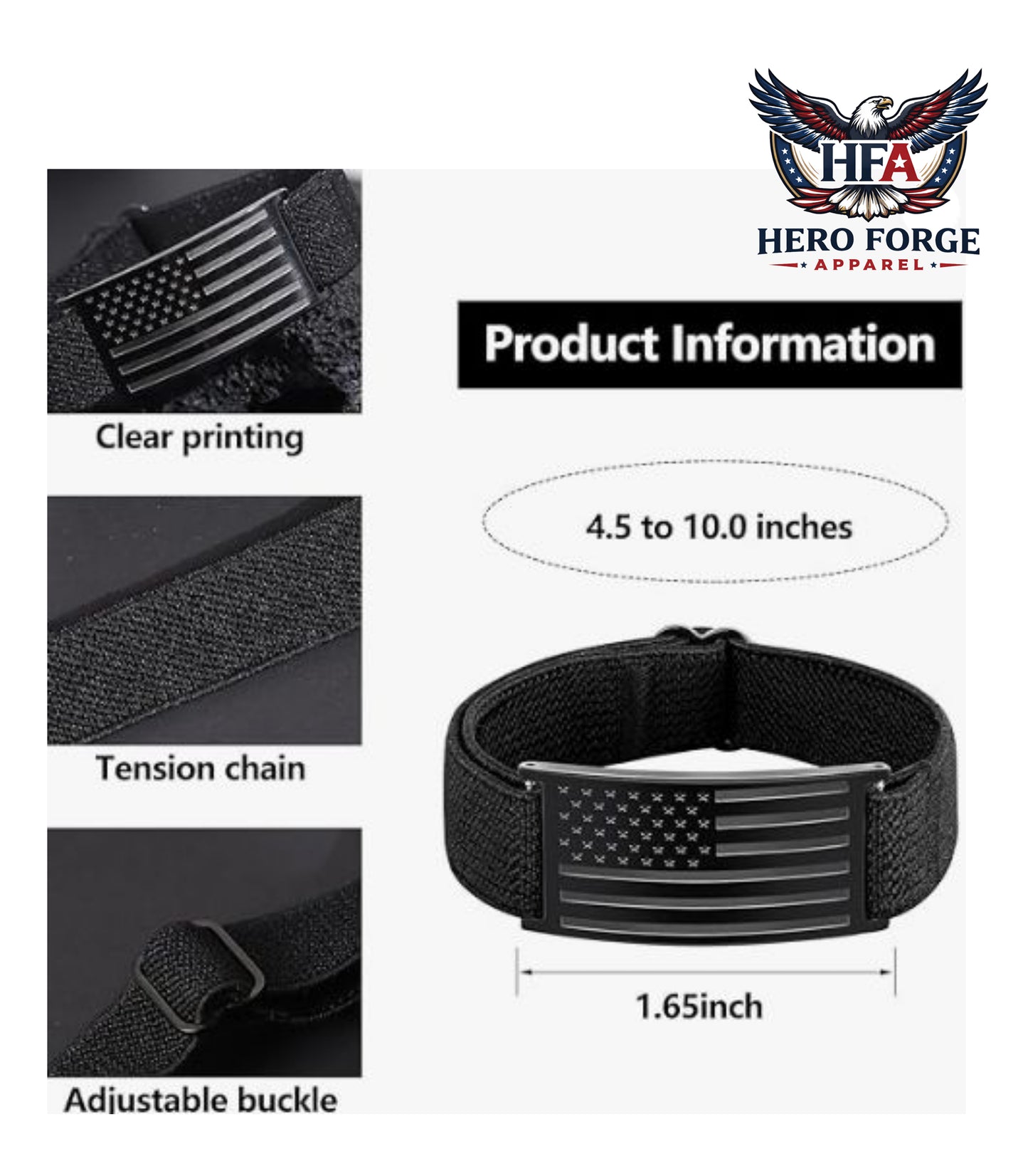 Product information for a black wristband with American flag design, featuring Hero Forge Apparel branding.