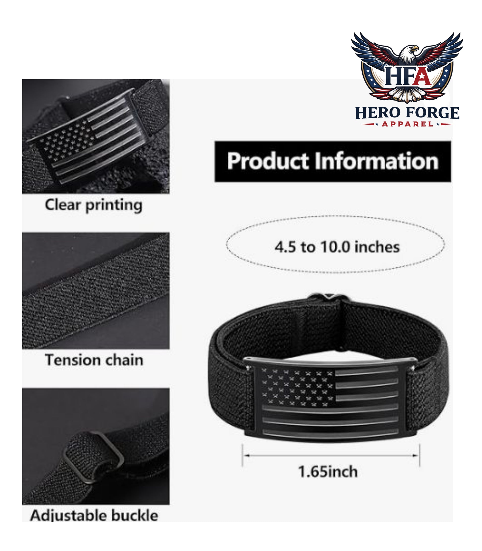 Product information for a black wristband with American flag design, featuring Hero Forge Apparel branding.