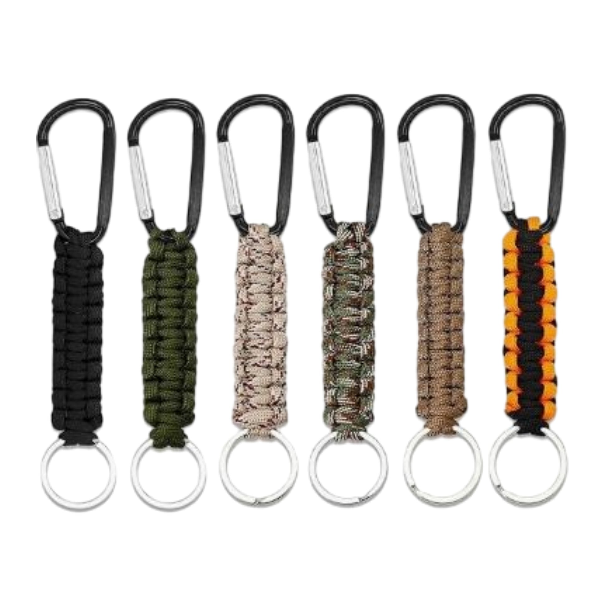 Set of six keychains with paracord loops and carabiners on a white background