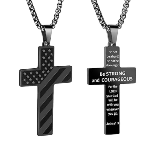 Two cross necklaces with motivational text on a white background
