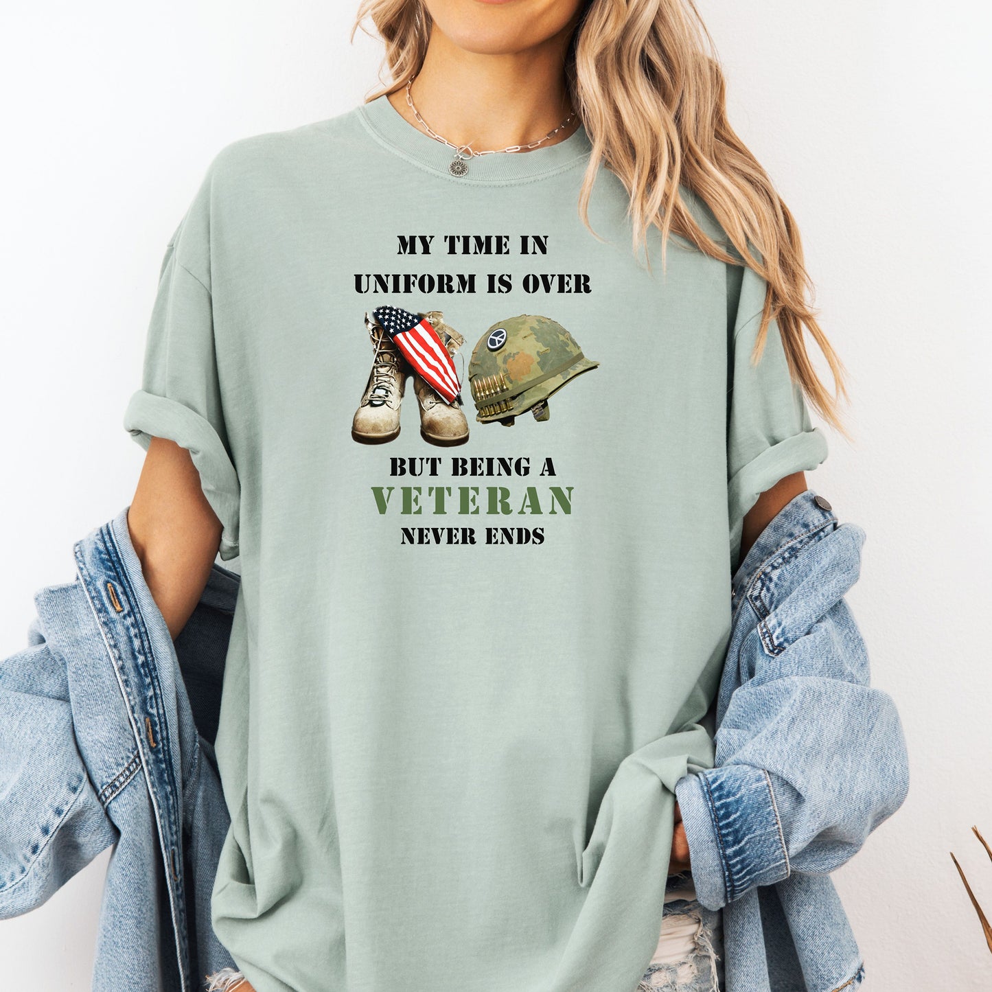 My Time In Uniform Is Over Tee, Veteran Military Boots & Helmet T-Shirt, Patriotic Service Tribute Tee