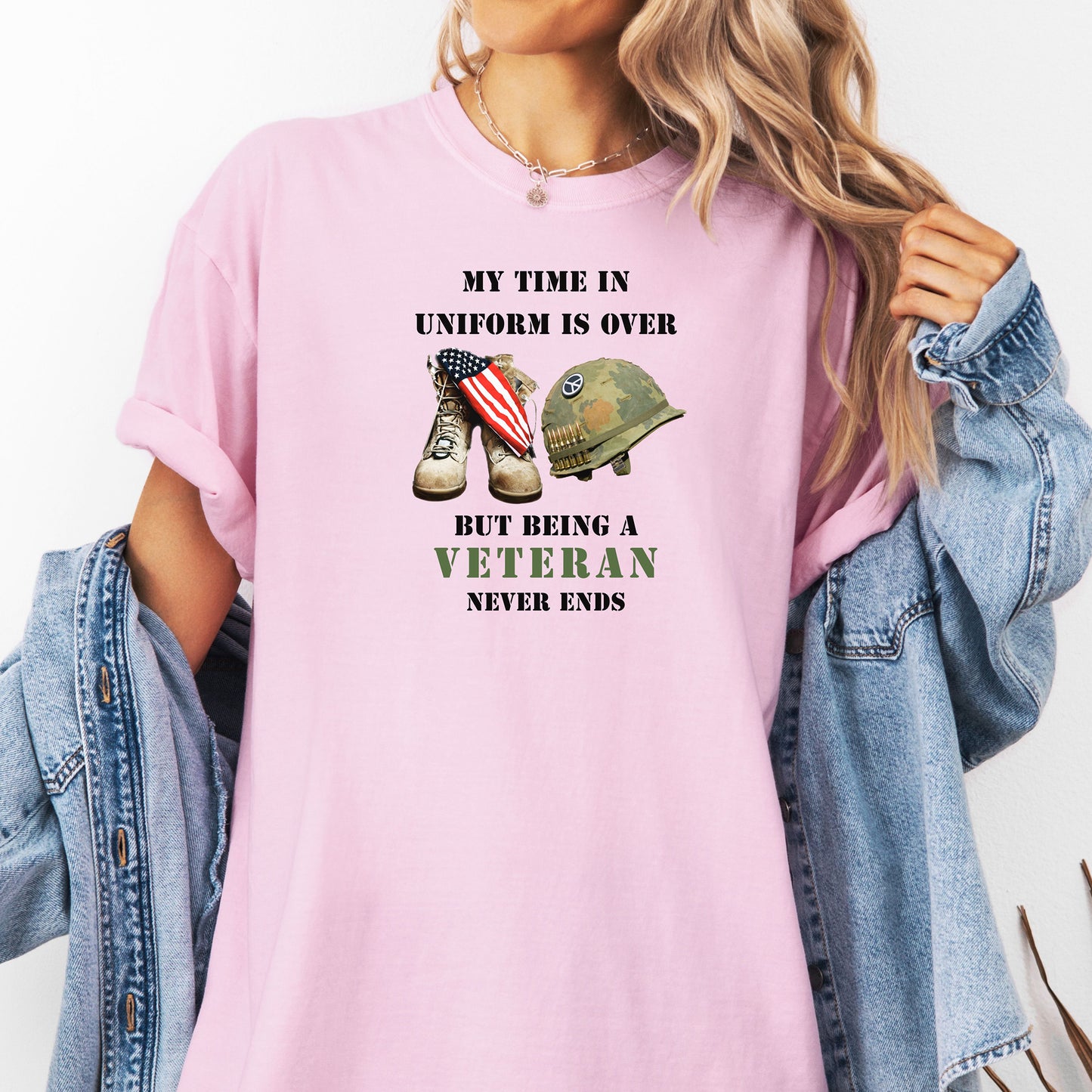My Time In Uniform Is Over Tee, Veteran Military Boots & Helmet T-Shirt, Patriotic Service Tribute Tee