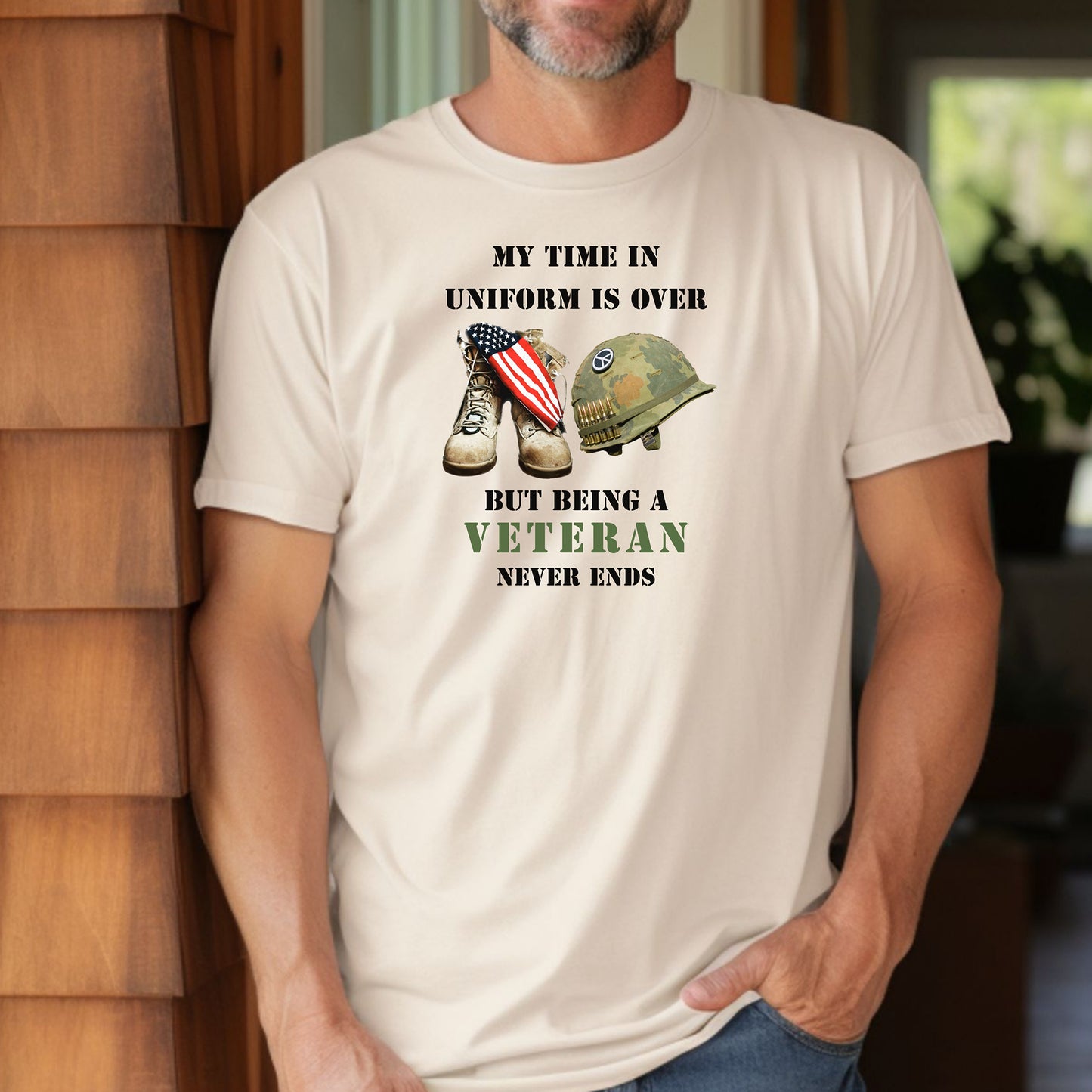 My Time In Uniform Is Over Tee, Veteran Military Boots & Helmet T-Shirt, Patriotic Service Tribute Tee