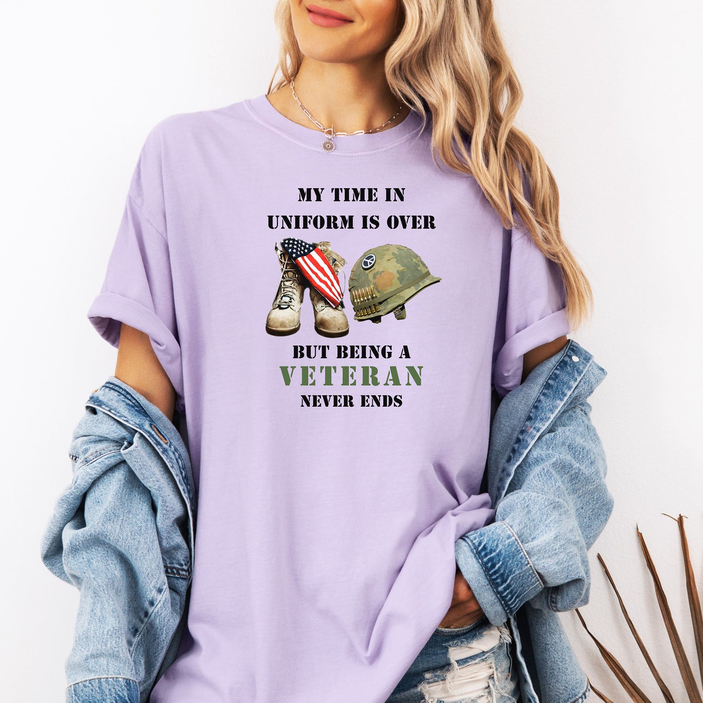 My Time In Uniform Is Over Tee, Veteran Military Boots & Helmet T-Shirt, Patriotic Service Tribute Tee