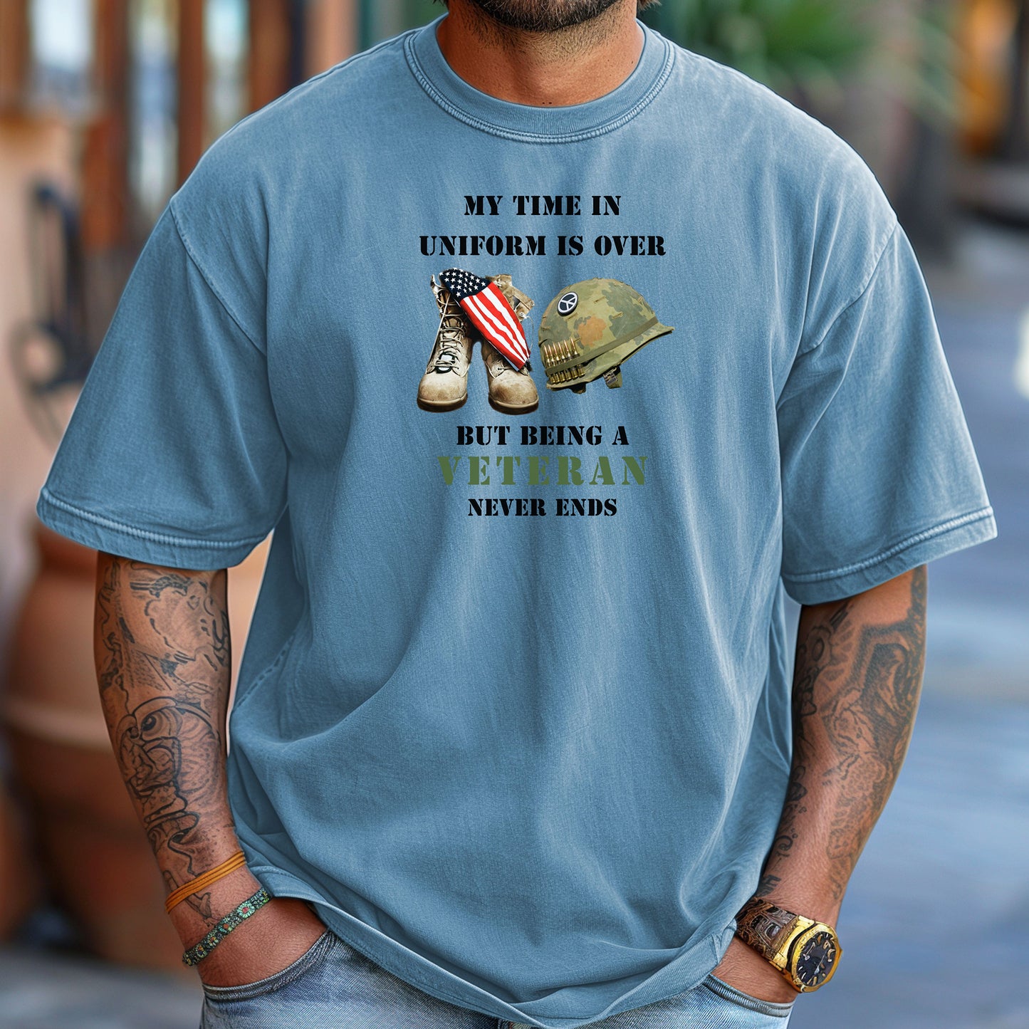 My Time In Uniform Is Over Tee, Veteran Military Boots & Helmet T-Shirt, Patriotic Service Tribute Tee
