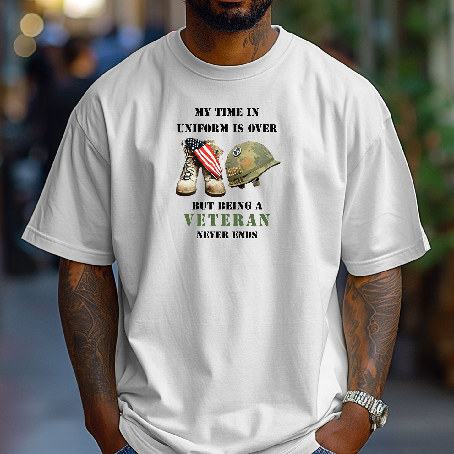 My Time In Uniform Is Over Tee, Veteran Military Boots & Helmet T-Shirt, Patriotic Service Tribute Tee