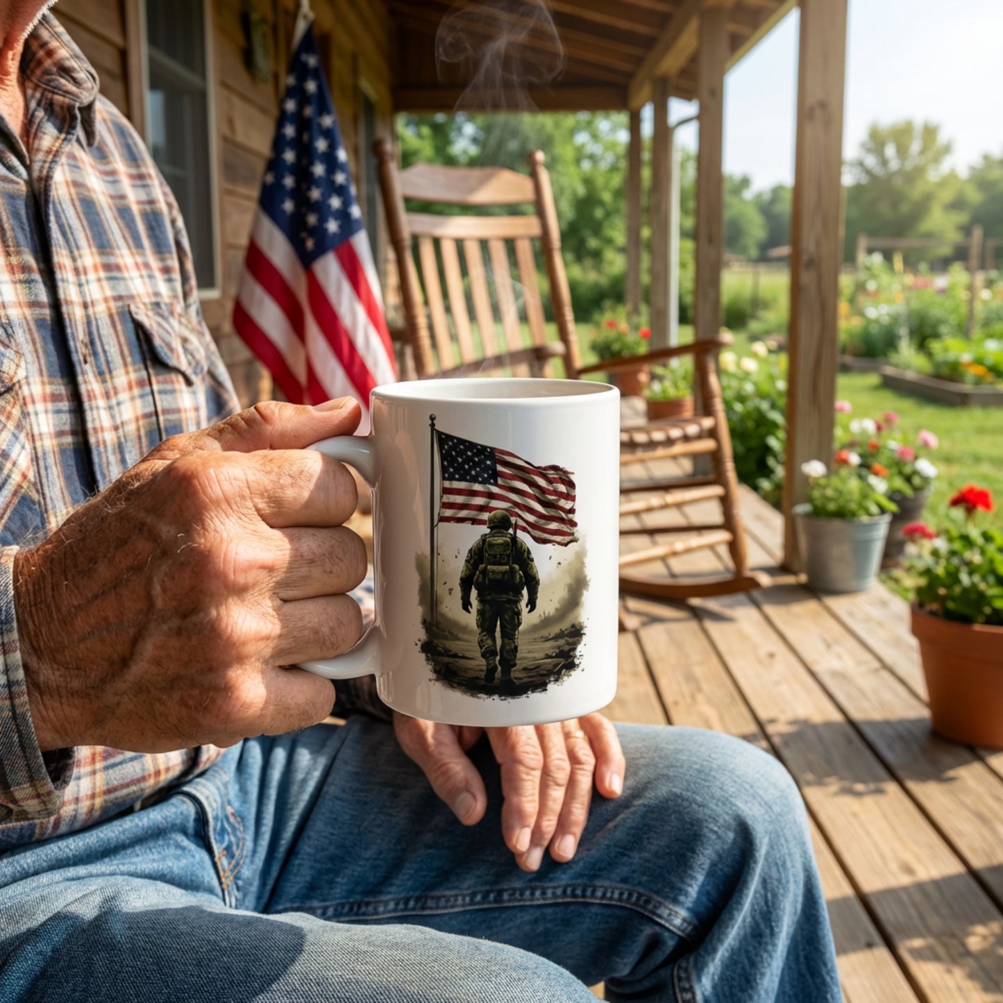 Personalized Veteran Memorial Mug — Soldier Walking with American Flag