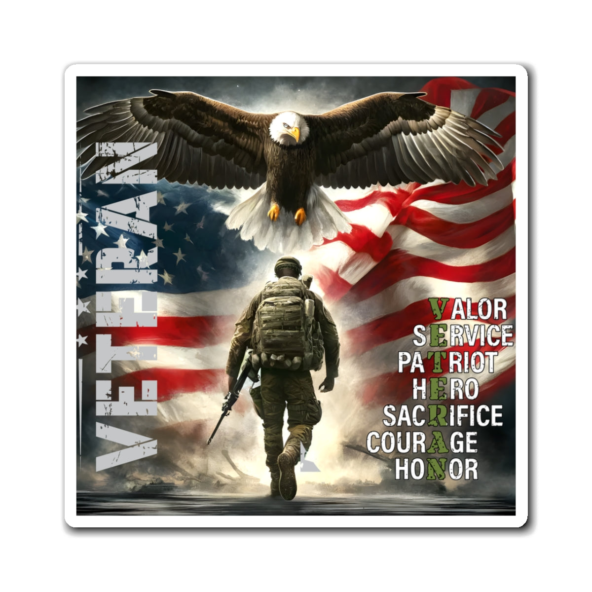 Veteran-themed magnet with an eagle, soldier, and American flag.