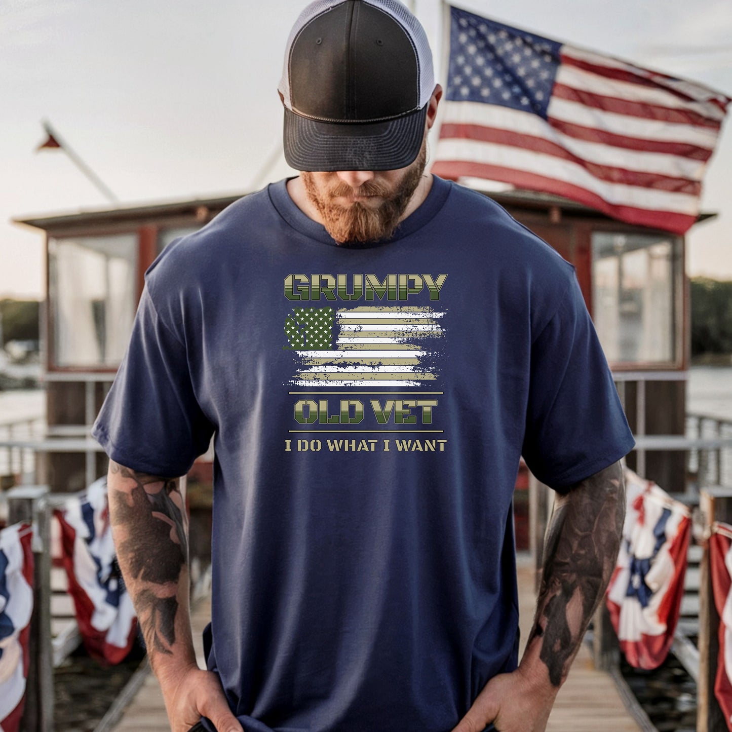 Grumpy Ol' Vet T-Shirt, Distressed American Flag, "I Do What I Want" Military Veteran Tee