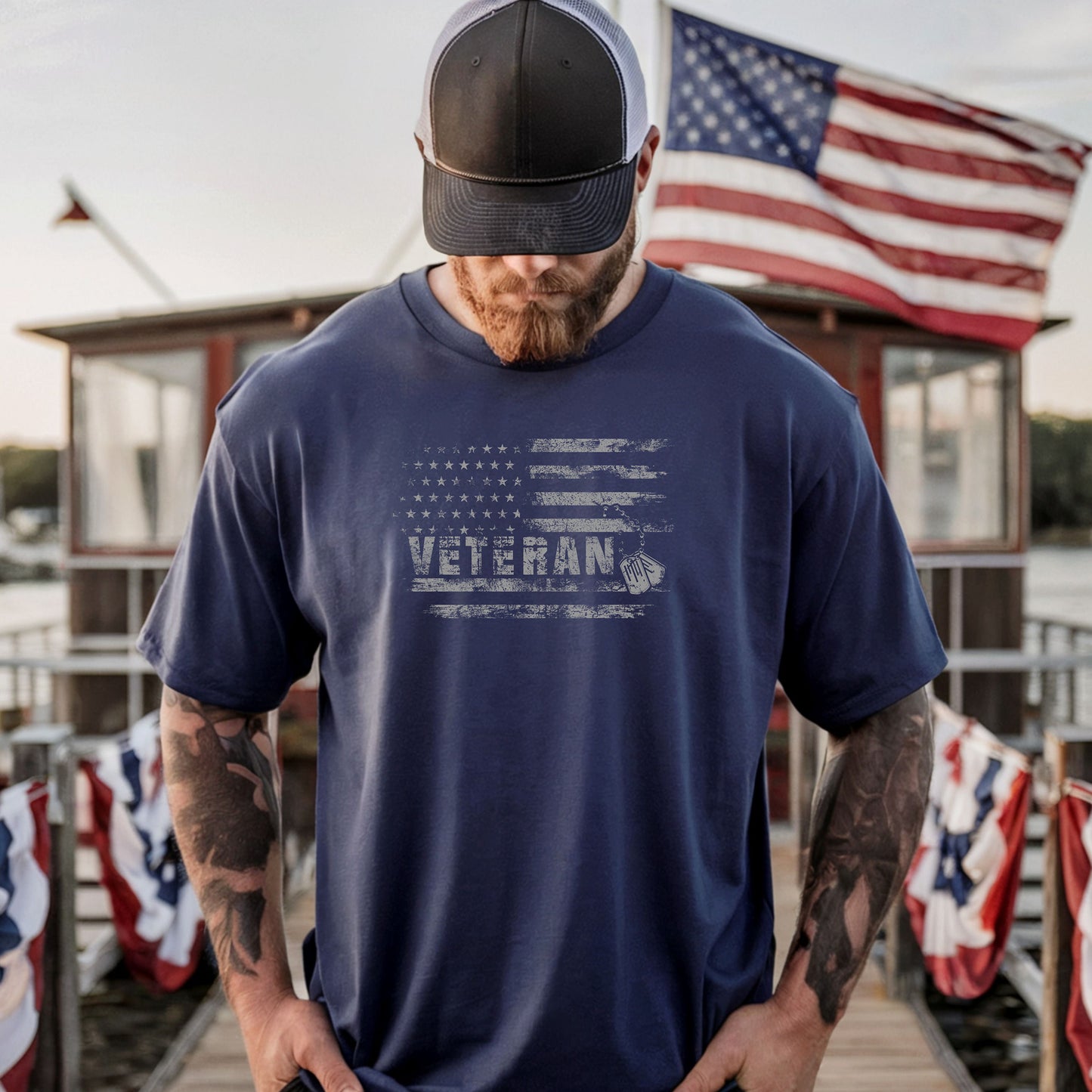 Veteran Distressed Flag T-Shirt with Dog Tags, Military Tribute Tee