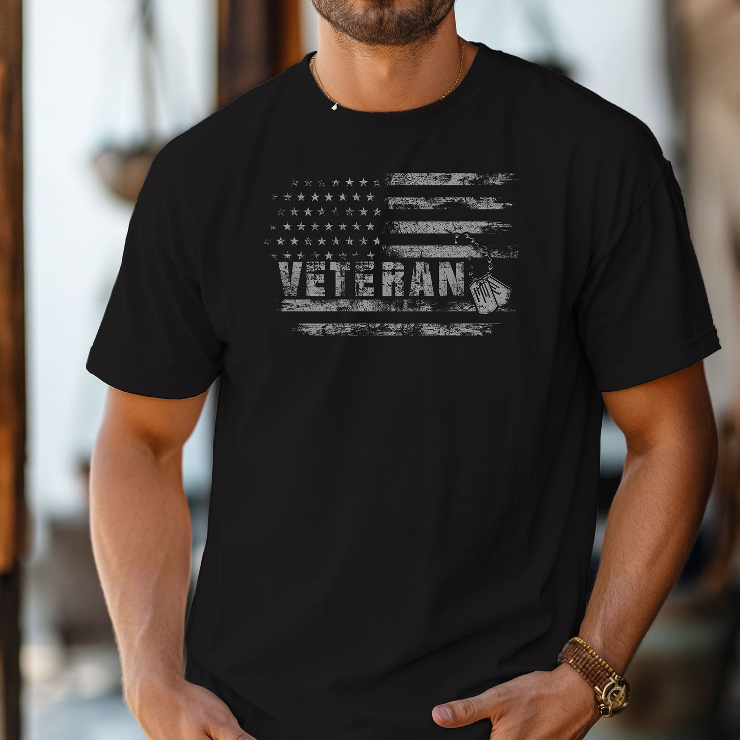 Veteran Distressed Flag T-Shirt with Dog Tags, Military Tribute Tee