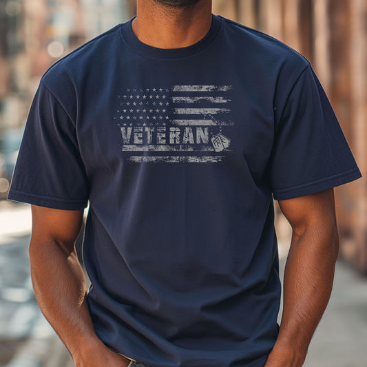 Veteran Distressed Flag T-Shirt with Dog Tags, Military Tribute Tee