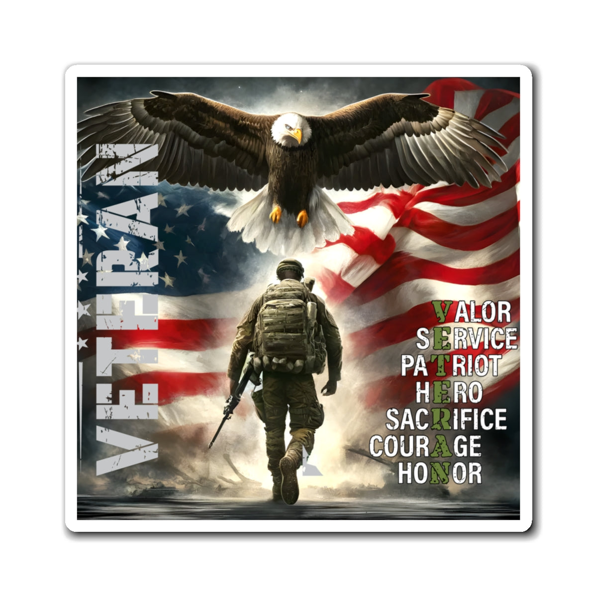 Veteran-themed magnet with an eagle, soldier, and American flag.